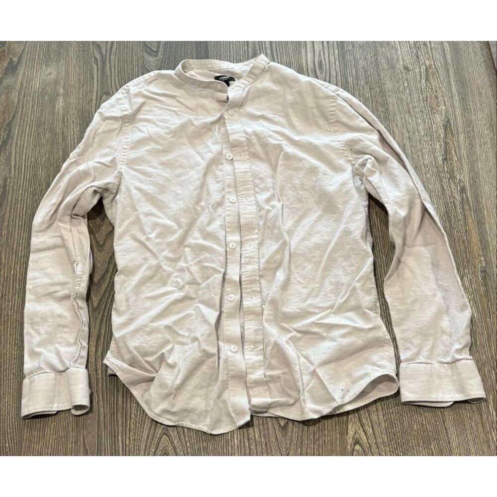 Express Mens Button Front Shirt Slim Fit Linen Blend Long Sleeve Beige Size S